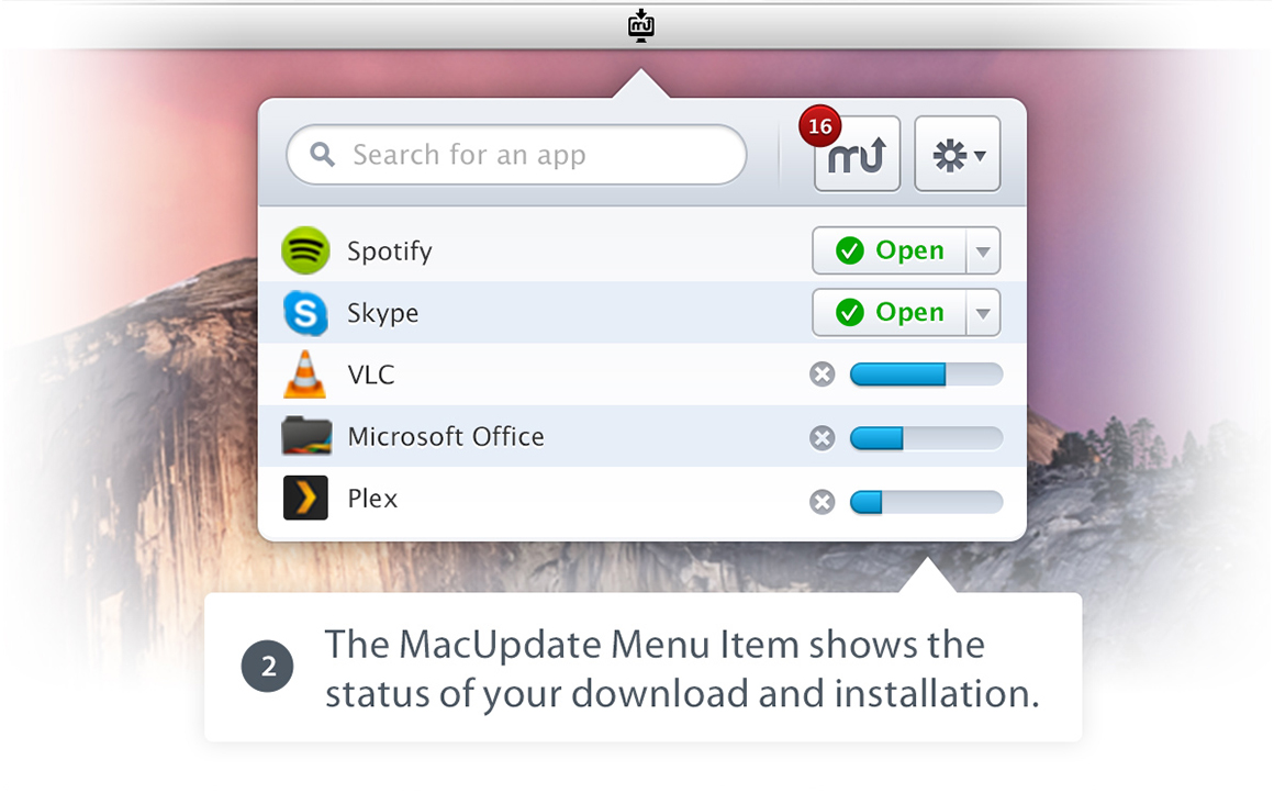 Step 2 - The MacUpdate Menu Item shows the status of your download and installation.
